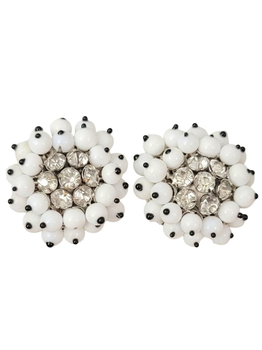 Eisenberg White Black Art Glass, Clear Rhinestone Cluster Clip Earrings, Signed